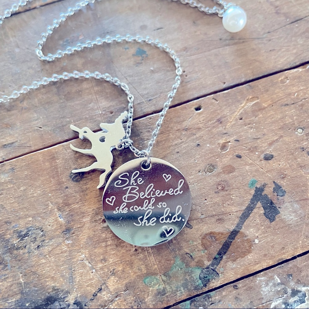 She Believed She Could So She Did unicorn necklace silver tone Pearl